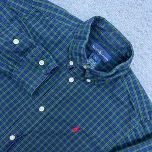 Ralph Lauren Boy's Shirt Green Check Button Up Collared Long Sleeve Youth S 7‎